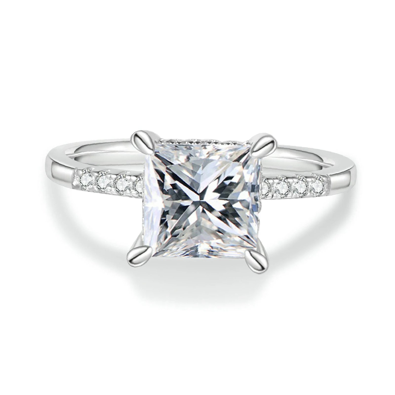 Princess Cut Moissanite Engagement Ring With Halo | Custom Premium Metal Alloy Ring - Engravely