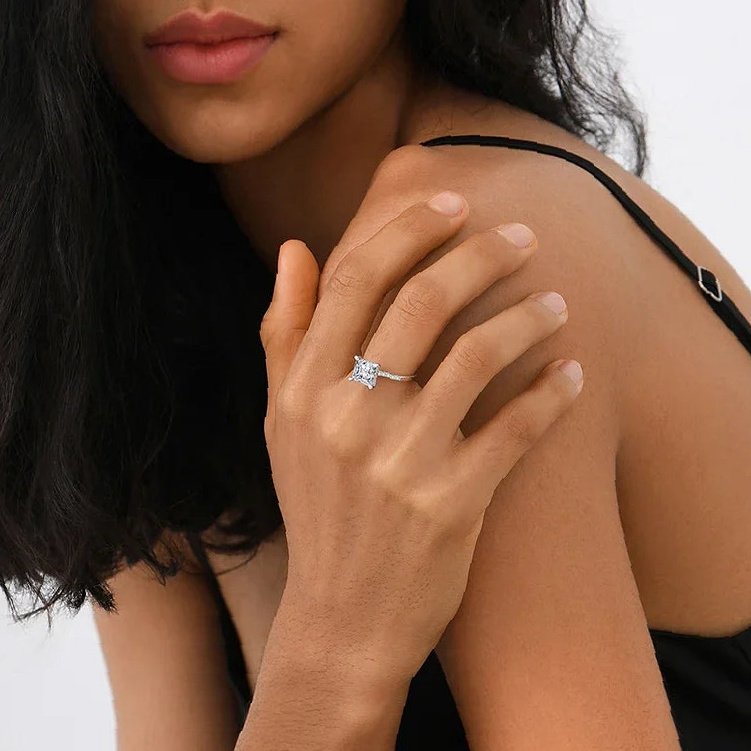 Princess Cut Moissanite Engagement Ring With Halo | Custom Premium Metal Alloy Ring - Engravely - Image 3