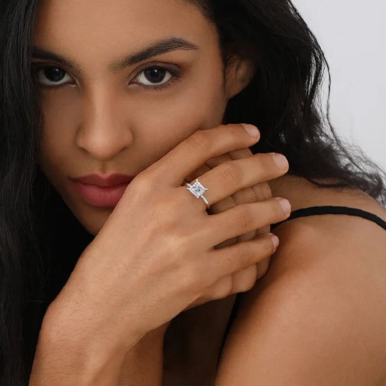 Princess Cut Moissanite Engagement Ring With Halo | Custom Premium Metal Alloy Ring - Engravely - Image 8