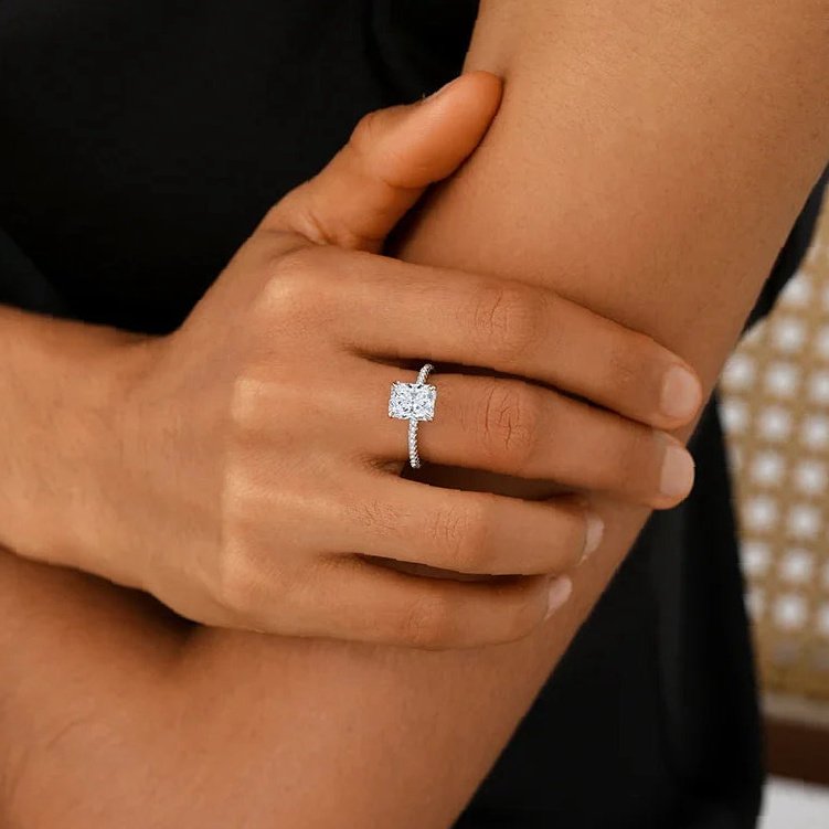 Radiant Cut Moissanite Engagement Ring With Eternity Band | Custom Premium Metal Alloy Ring - Engravely - Image 2