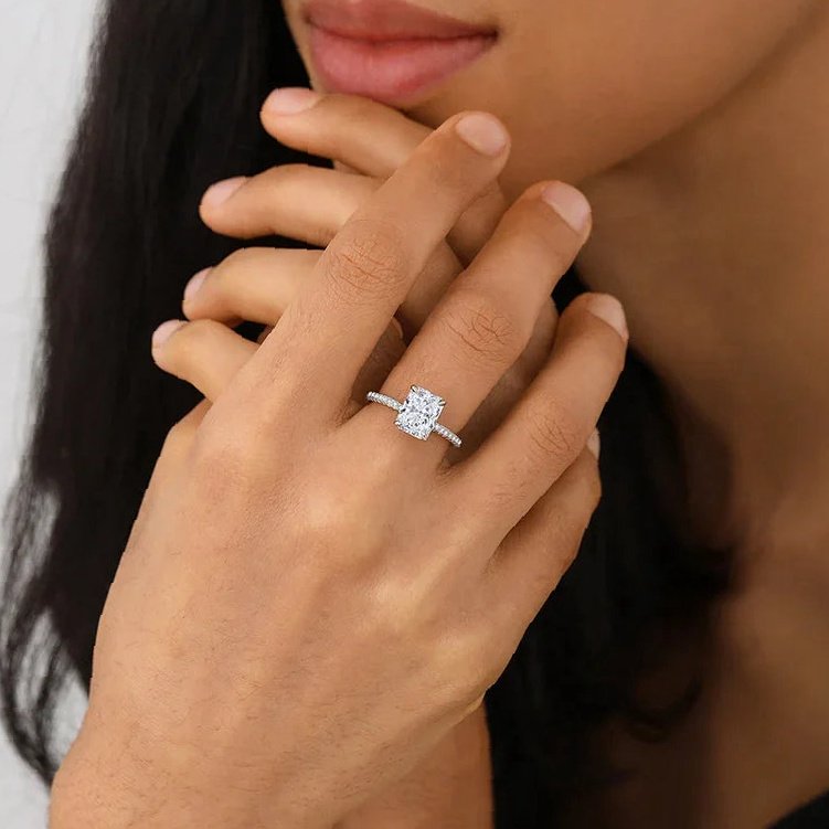 Radiant Cut Moissanite Engagement Ring With Eternity Band | Custom Premium Metal Alloy Ring - Engravely - Image 6