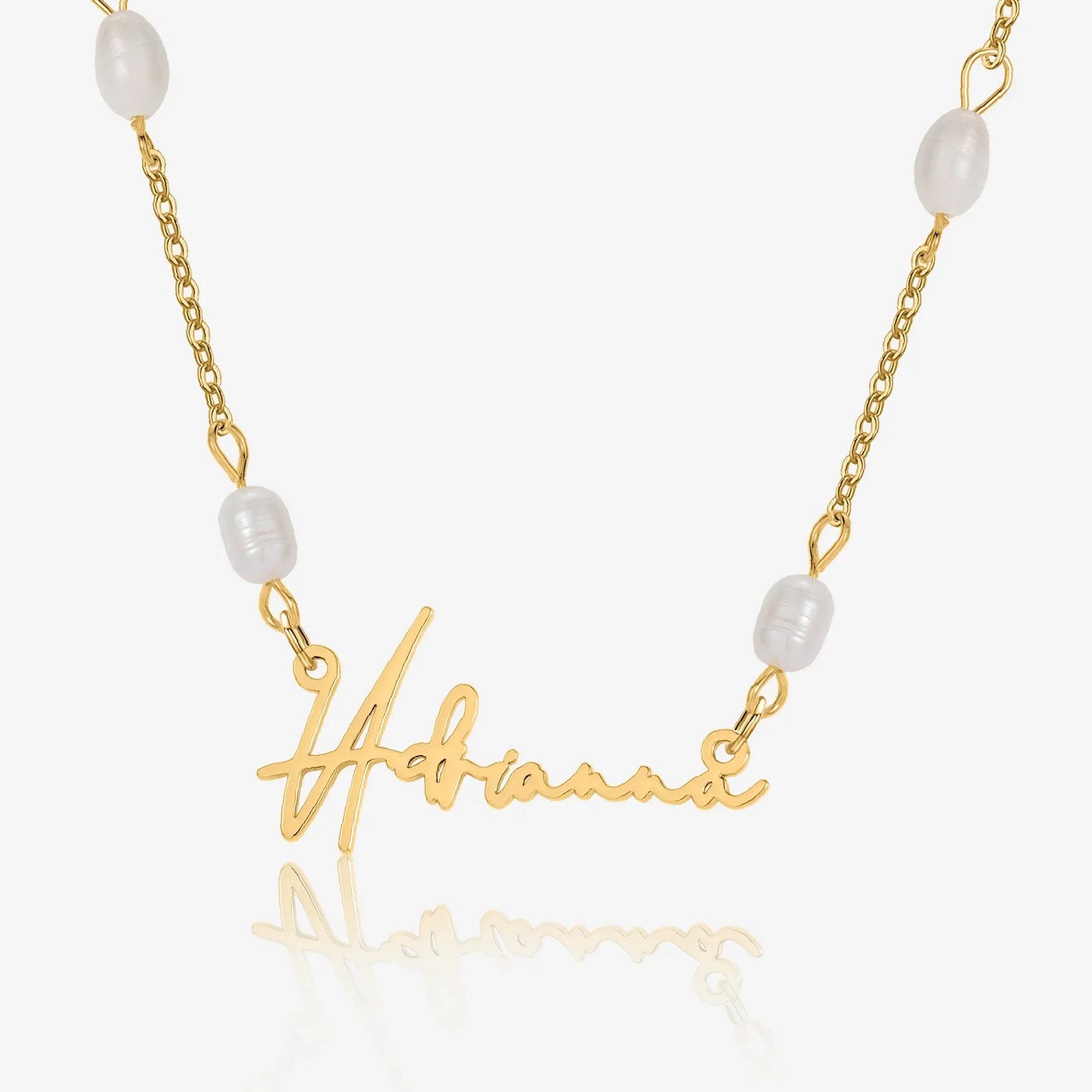 Script Name Necklace w/ Pearl Link Chain | Custom Premium Metal Alloy Name Necklace - Engravely