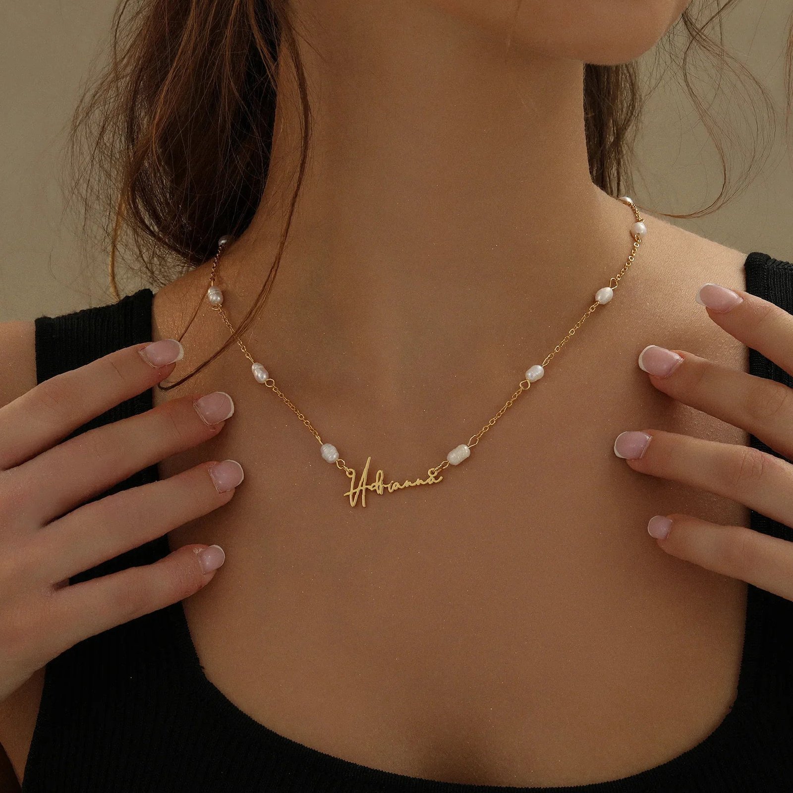 Script Name Necklace w/ Pearl Link Chain | Custom Premium Metal Alloy Name Necklace - Engravely - Image 3