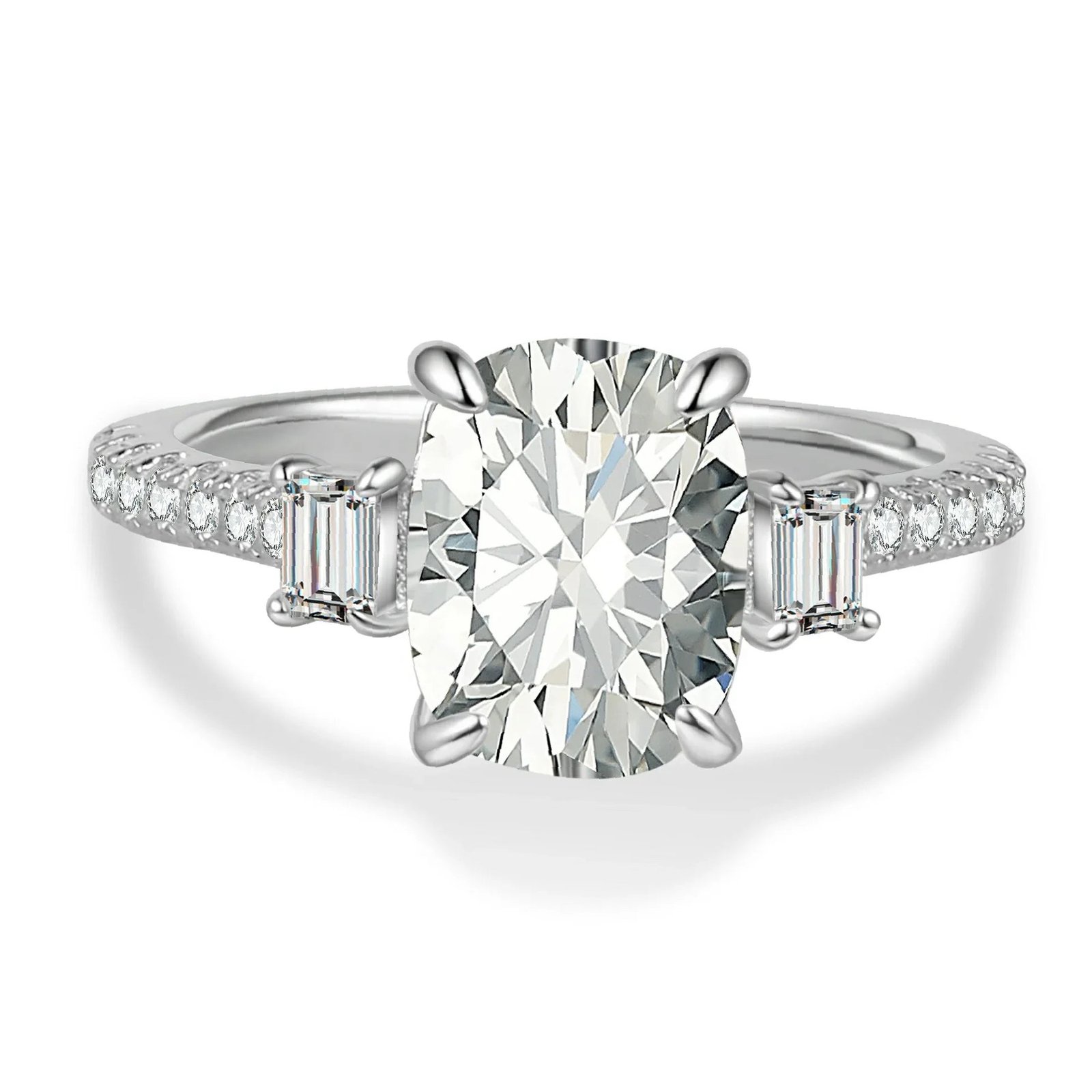 Three Stone Cushion Moissanite Engagement Ring | Custom Premium Metal Alloy Ring - Engravely