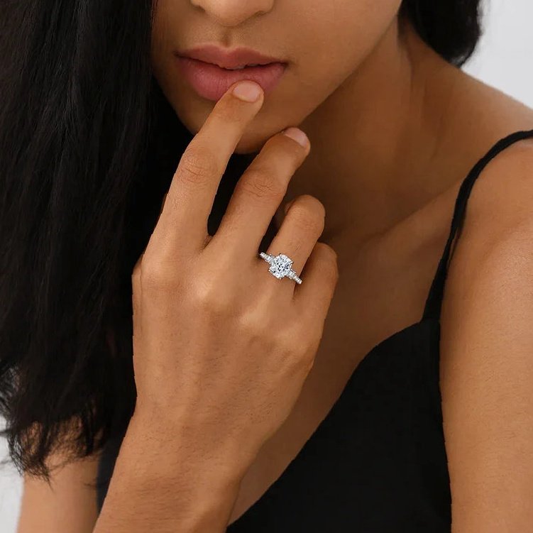 Three Stone Cushion Moissanite Engagement Ring | Custom Premium Metal Alloy Ring - Engravely - Image 3