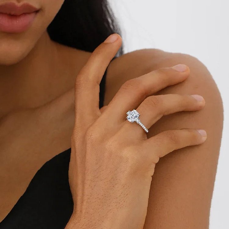 Three Stone Cushion Moissanite Engagement Ring | Custom Premium Metal Alloy Ring - Engravely - Image 6