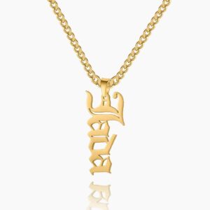 Vertical Gothic Name Necklace w/ Cuban Chain | Custom Stainless Steel Name Necklace - Engravely