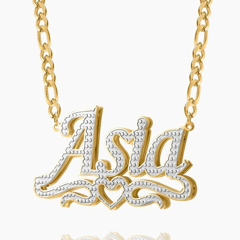 Double Plated Heart Title Name Necklace W Figaro Chain