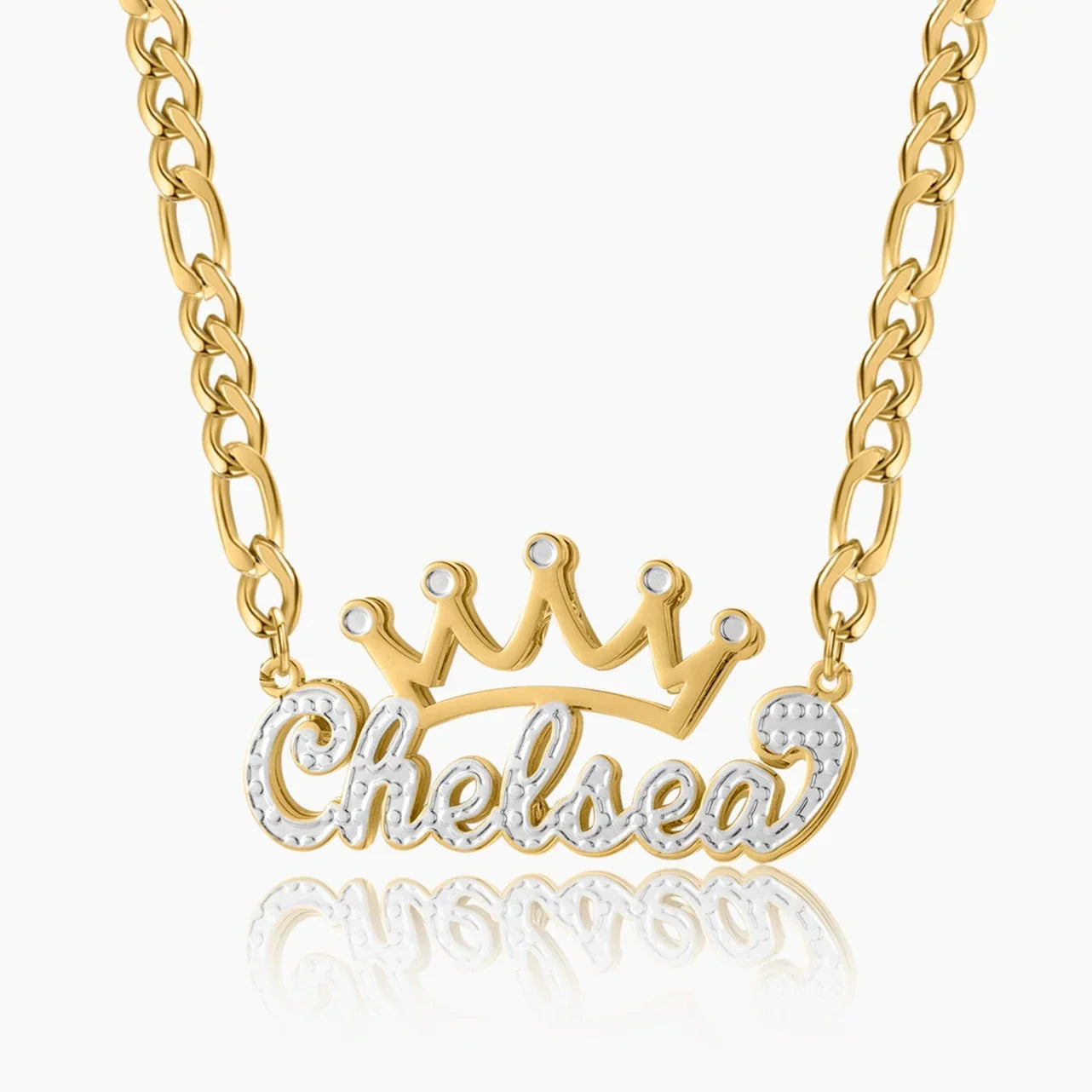 Double Plated Crown Name Necklace W Figaro Chain