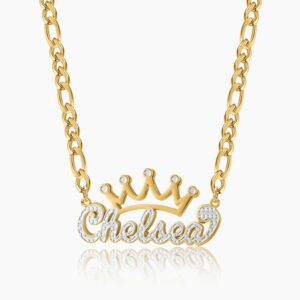 Kids Double Plated Crown Name Necklace W Figaro Chain 1