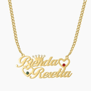 Double Heart Name Necklace W Cuban Chain